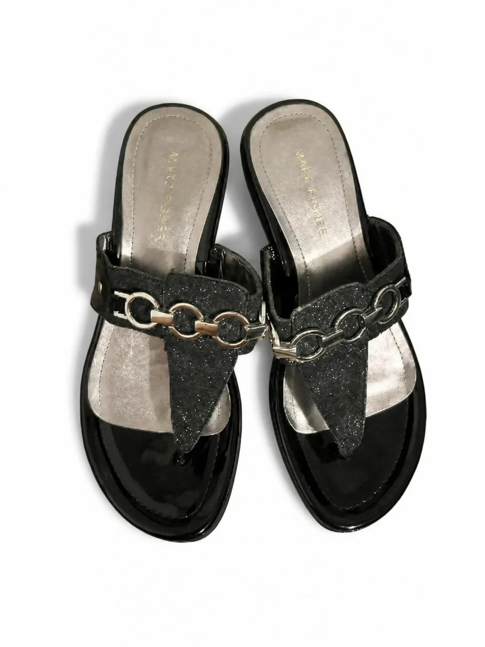 Marc Fisher Black Glitter Chain-Detail Women's Sandals